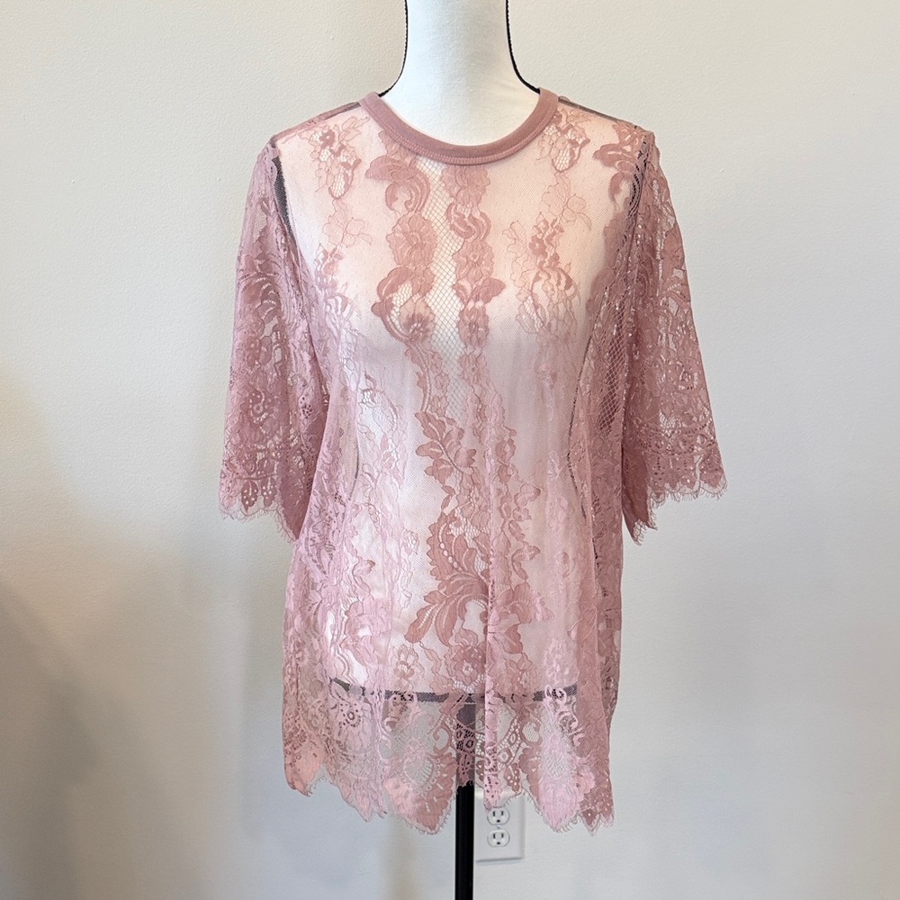 Paper + Tee Rose Colored Sheer Lace Top Size 1X